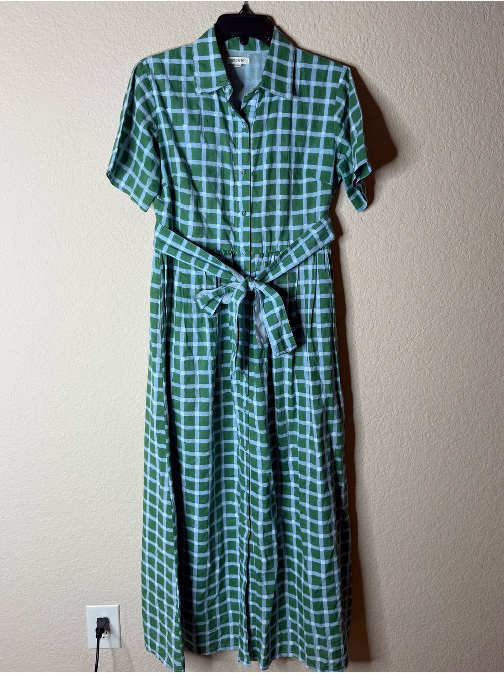 Beau & Ro Elle Maxi Dress in Green & Blue Checkered Print Windowpane Size Small
